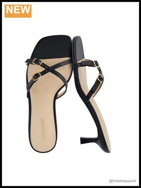 Kitten Heels Strappy Faux Leather Slide Sandals Cushioned Footbed